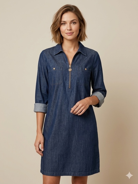 Anne Klein Dresses & Skirts - Anne Klein Women's Denim Chambray Shift Dress, Zipper, Pockets, Roll Tab, SZ 10